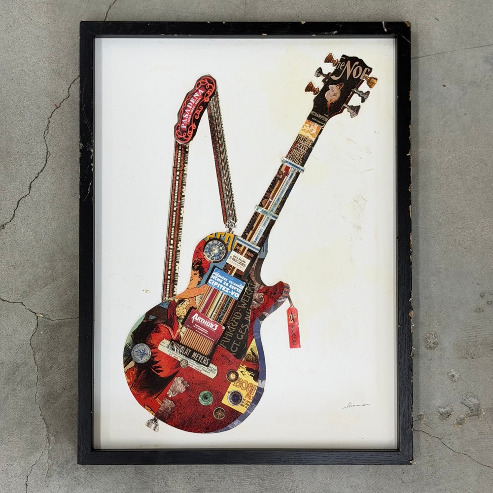 Electric Guitar Dimensional Art Collage Alex Zeng Large Framed Vintage Rock